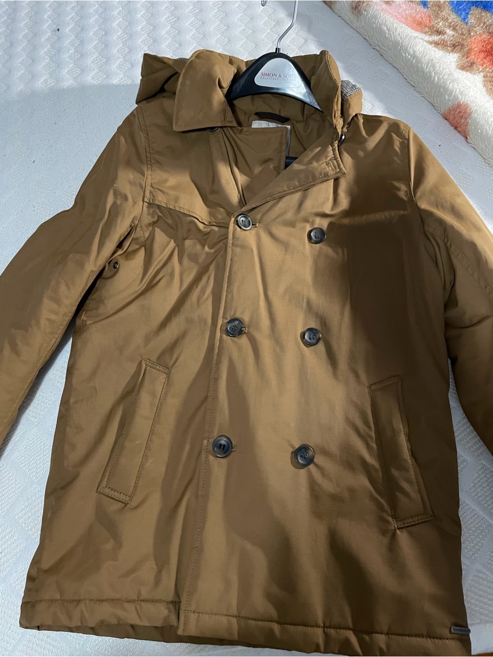 Zara Men's Tan Double-Breasted Pea Coat with Hood